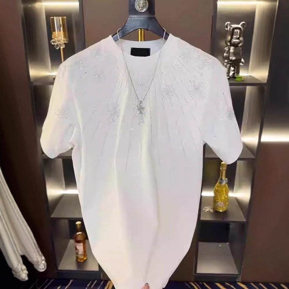 Luxury Rhinestone Round Neck Summer T-Shirt