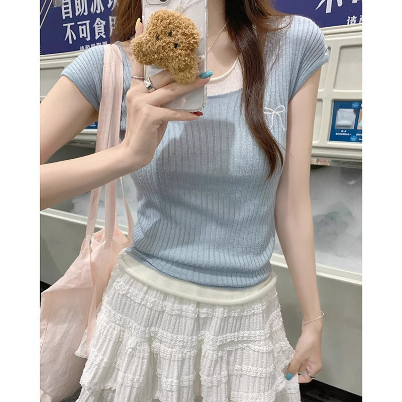 Bowknot Embroidered Slim Colorblock T-Shirt Women