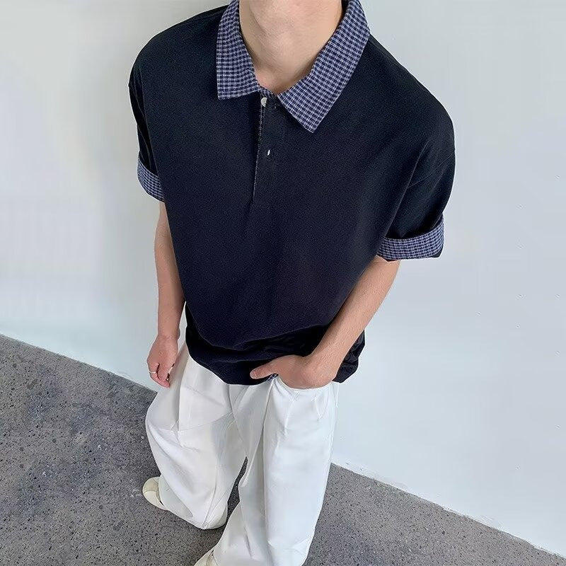 Plaid Stitch Fake Two-Piece Summer Polo T-Shirt