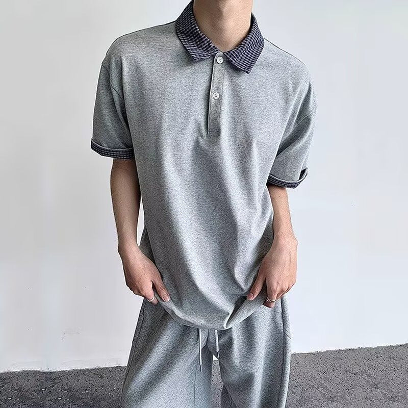 Plaid Stitch Fake Two-Piece Summer Polo T-Shirt