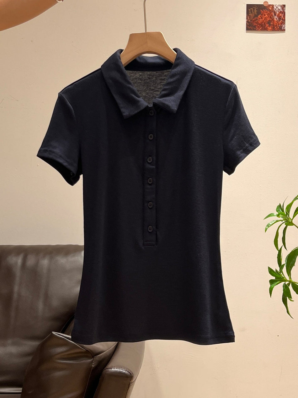 Polo Lapel Slim Fit Waist T-Shirt Women Summer