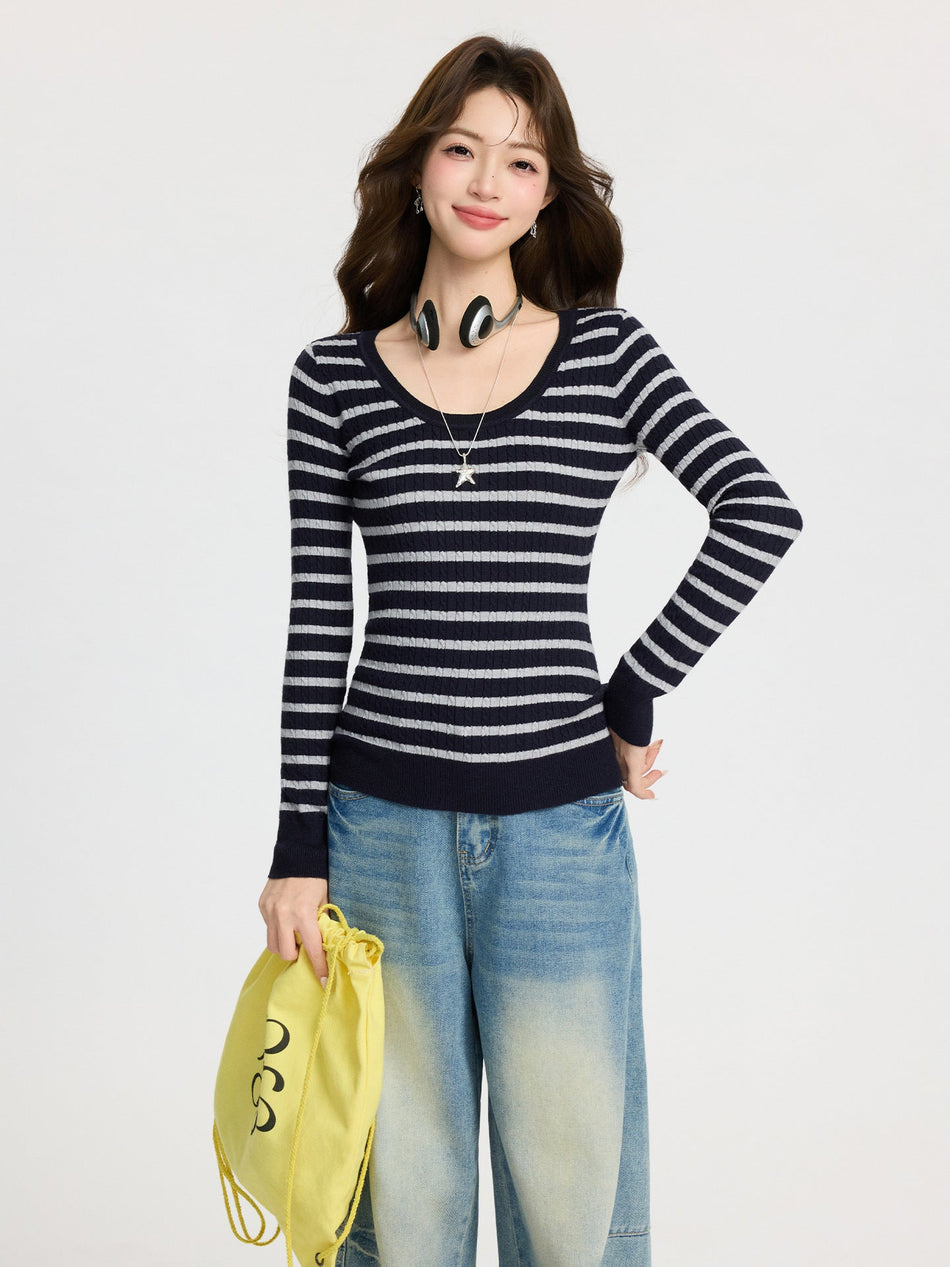 Striped U-Collar Slim Bottoming Sweater Women