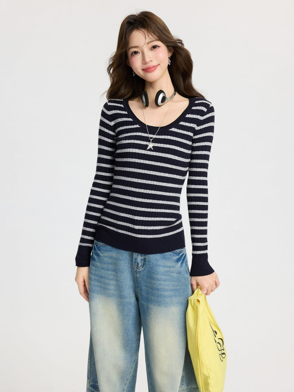 Striped U-Collar Slim Bottoming Sweater Women