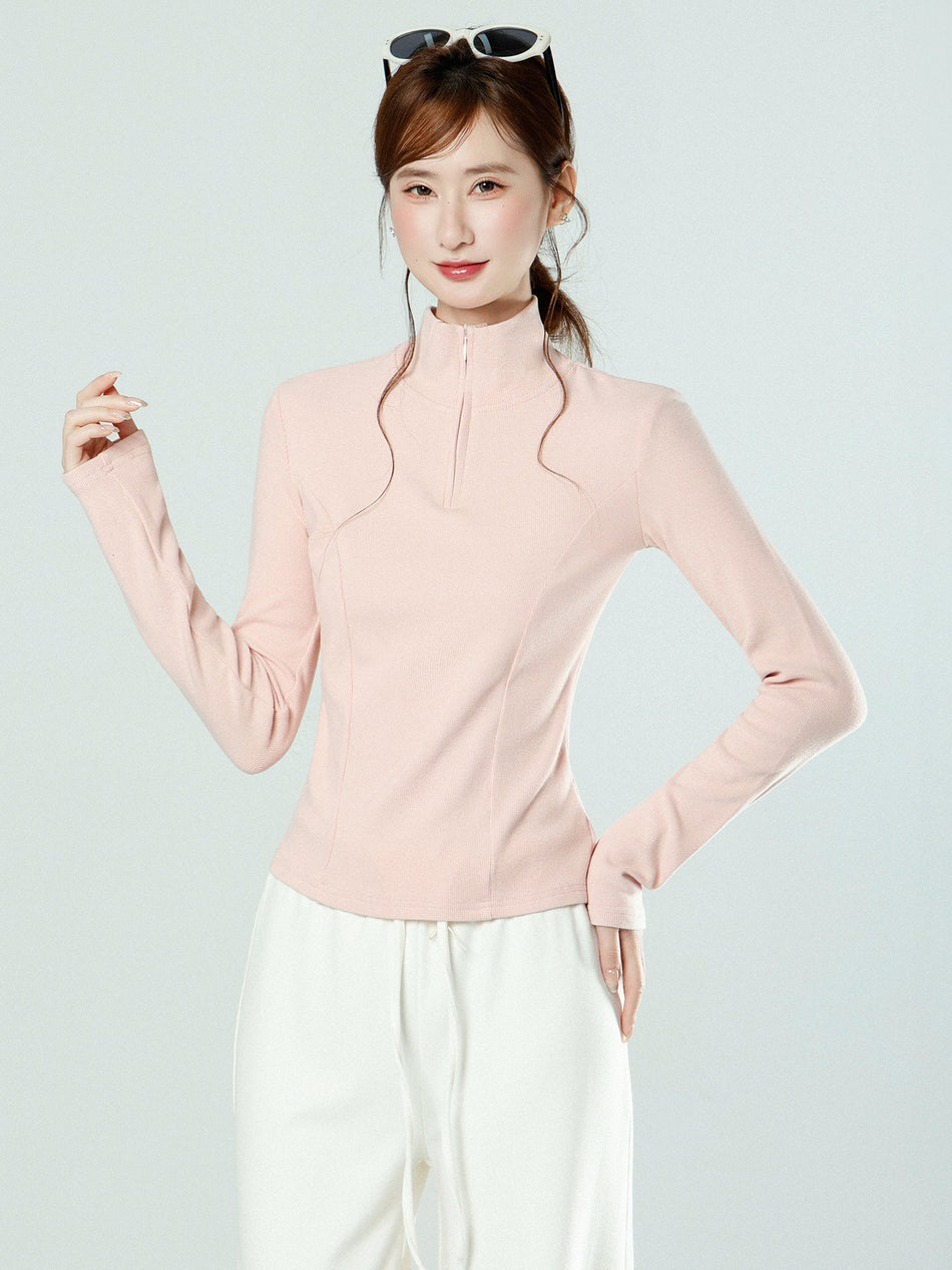 Half Zip Stand Collar Slim Brushed Top Women