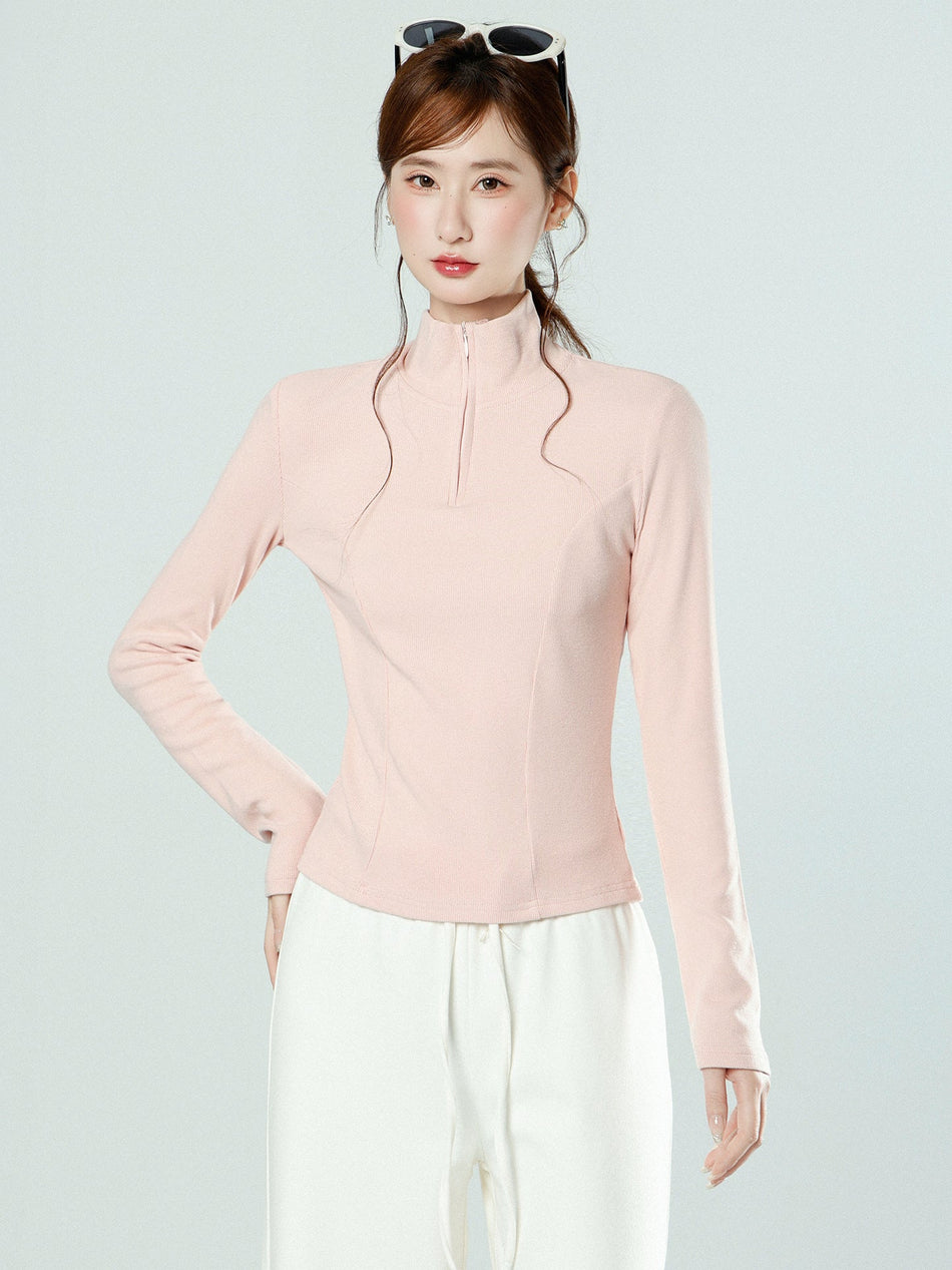 Half Zip Stand Collar Slim Brushed Top Women