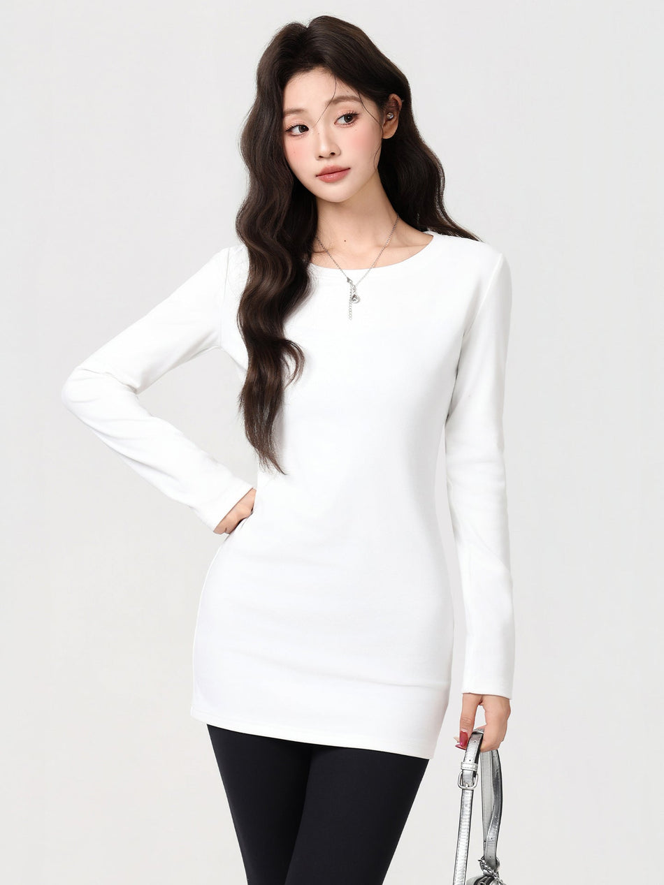 Velvet Inner White Long Sleeve Warm Top Women