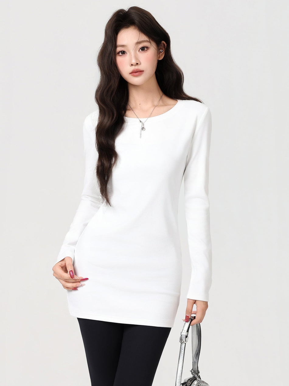 Velvet Inner White Long Sleeve Warm Top Women