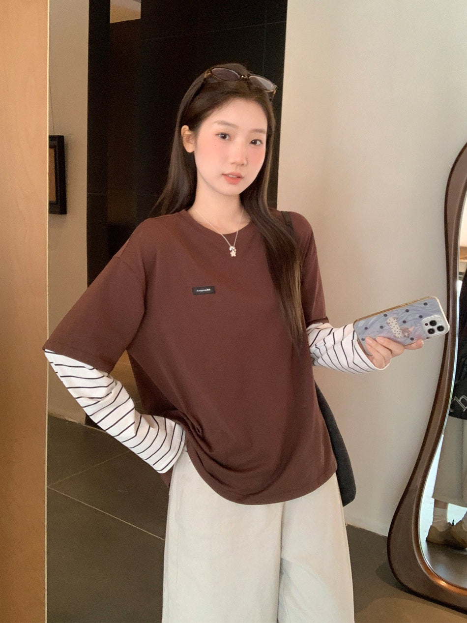 Striped Fake Two-Piece Long Sleeve Top Women