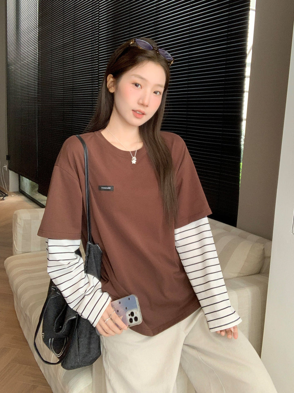 Striped Fake Two-Piece Long Sleeve Top Women