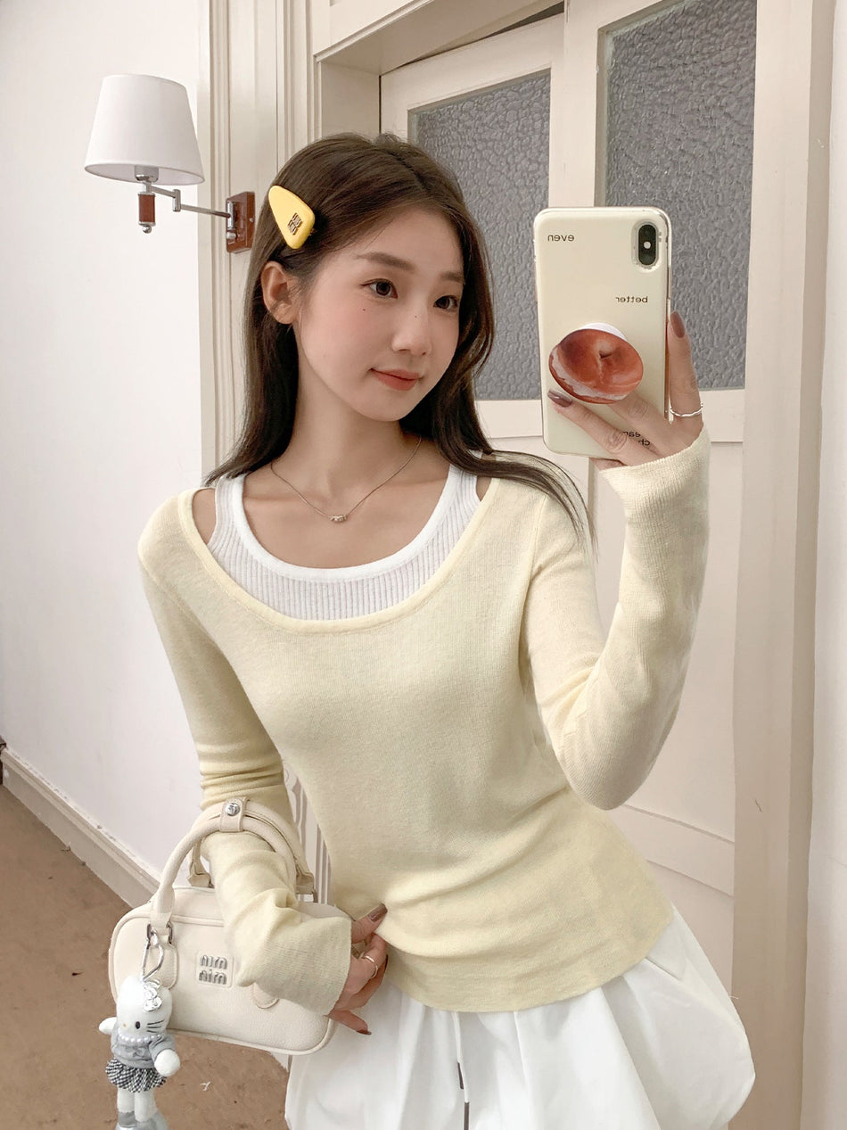 U-Neck Color Block Knit Slim Sweater Women