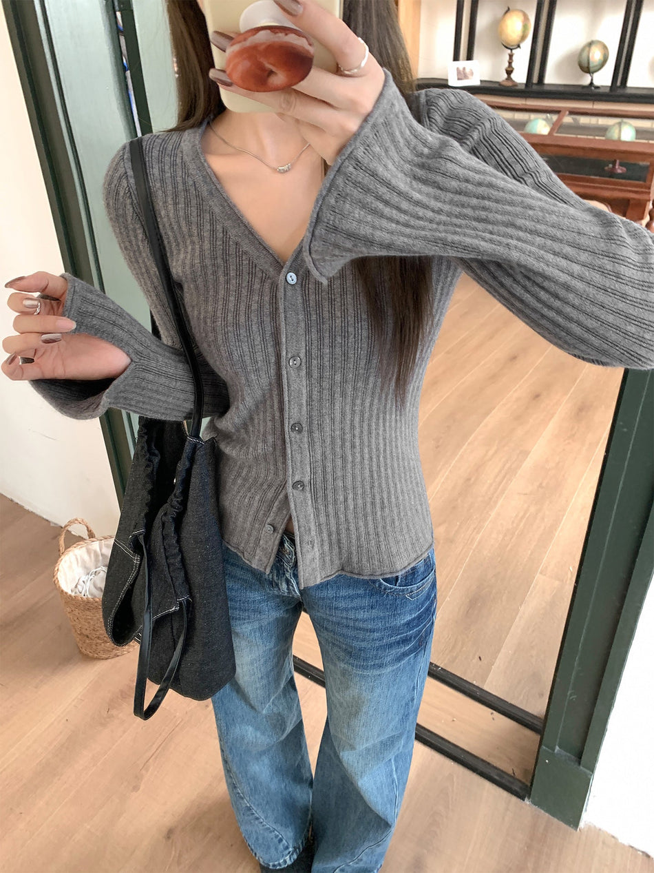 V-Neck Button Knit Cardigan Slim Top Women