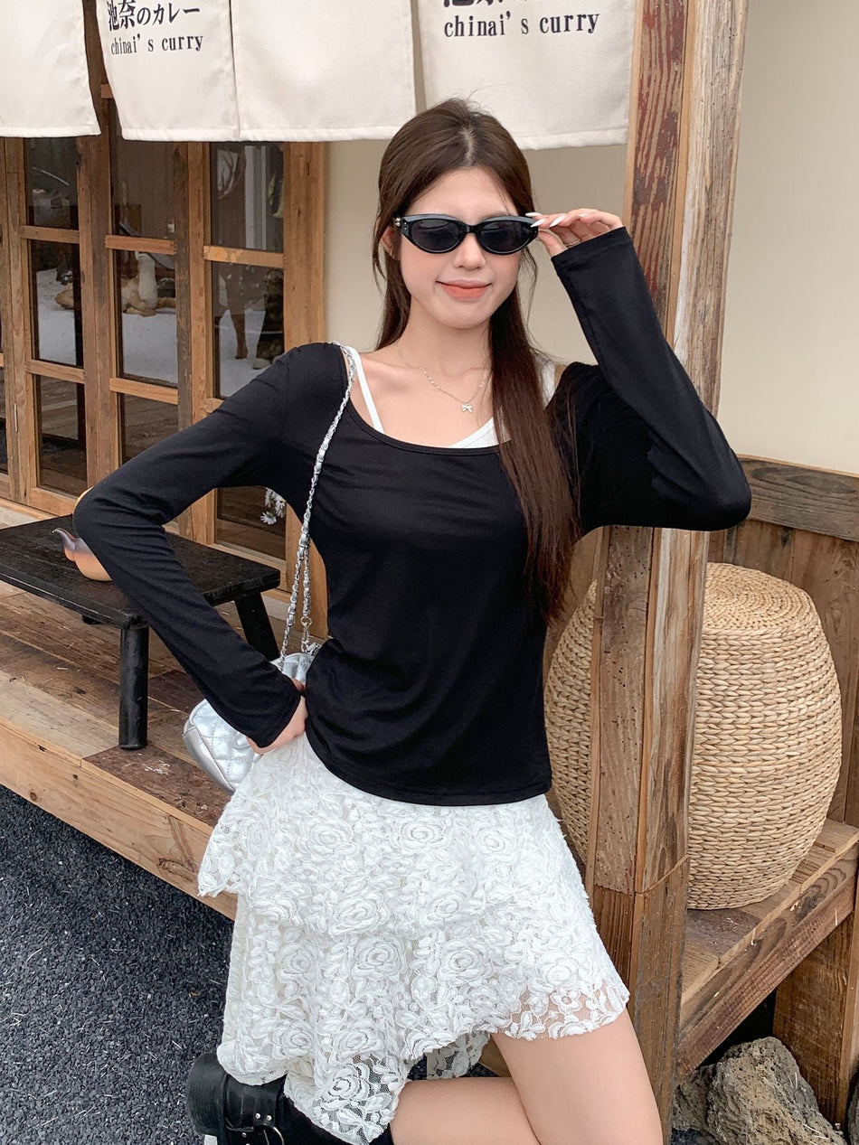 Contrast Off-Shoulder Slim Long Sleeve Top Women