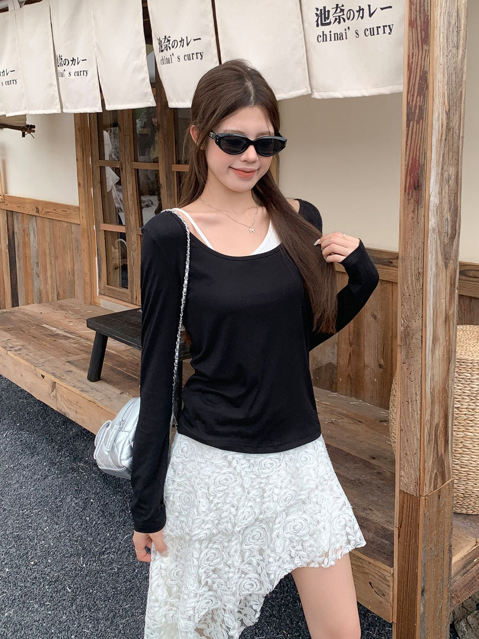 Contrast Off-Shoulder Slim Long Sleeve Top Women