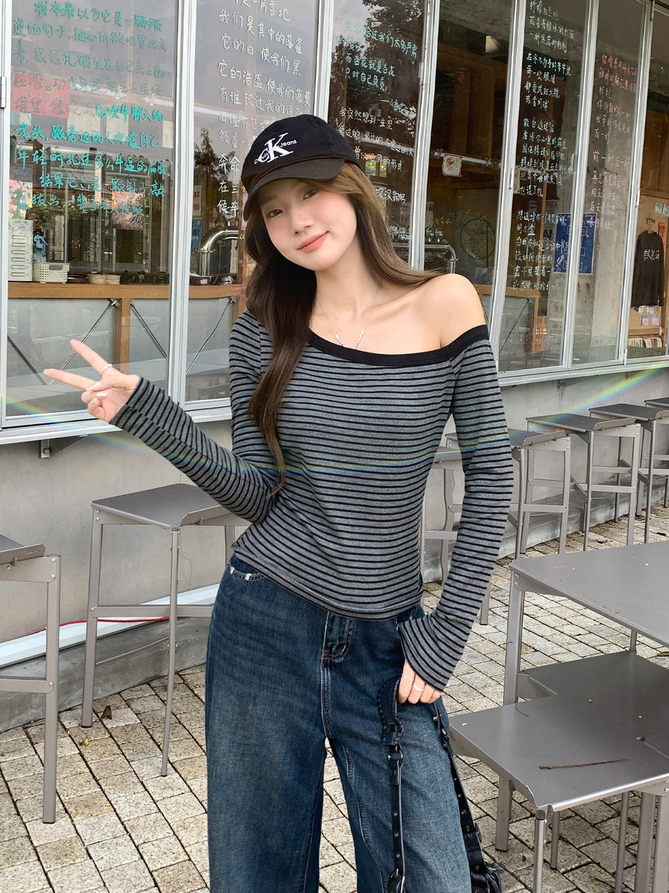 Striped Off-Shoulder Colorblock Long Sleeve Women
