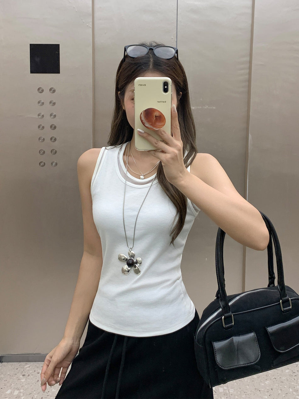 White Mesh Patchwork Tank Top Women Summer