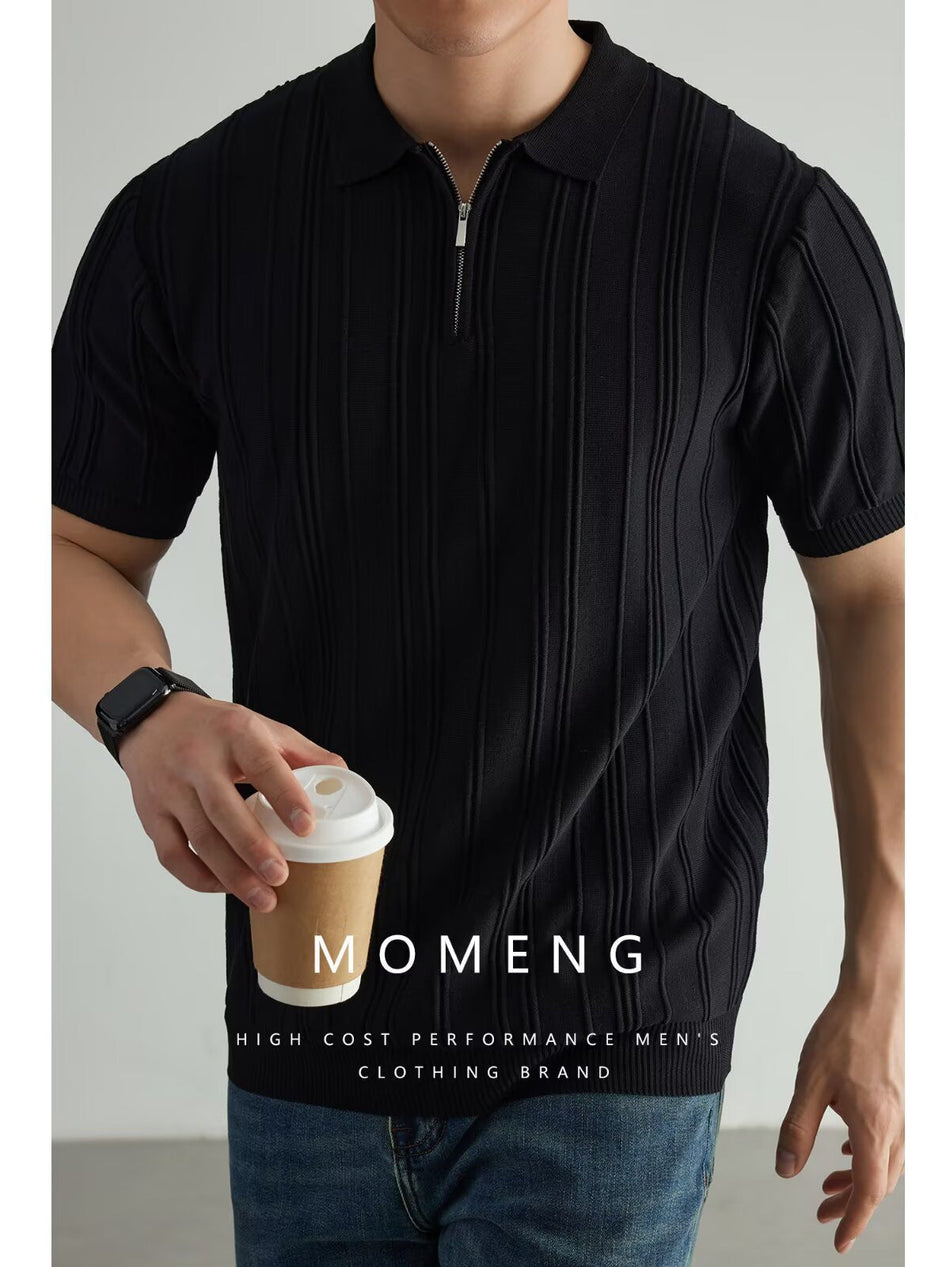 Retro Zipper Knitted Striped Polo T-Shirt