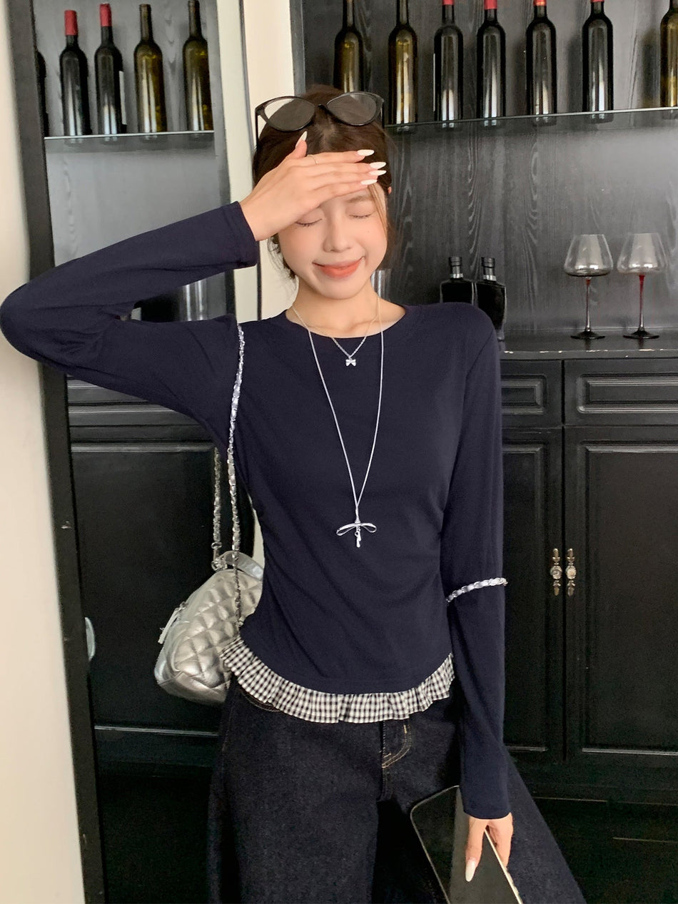 Navy Bow Plaid Patchwork Slim Top Women Autumn