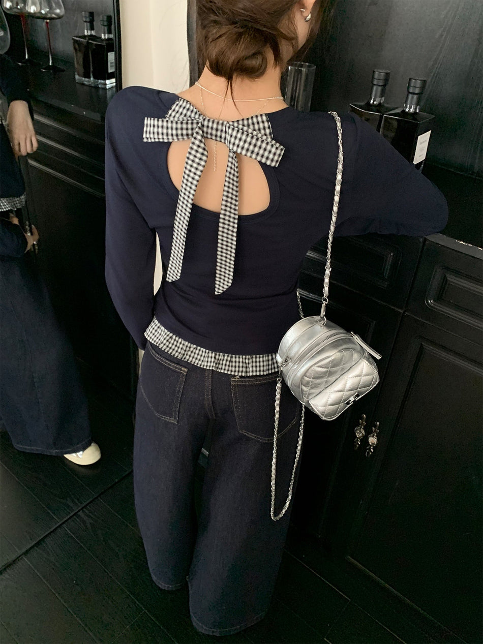 Navy Bow Plaid Patchwork Slim Top Women Autumn