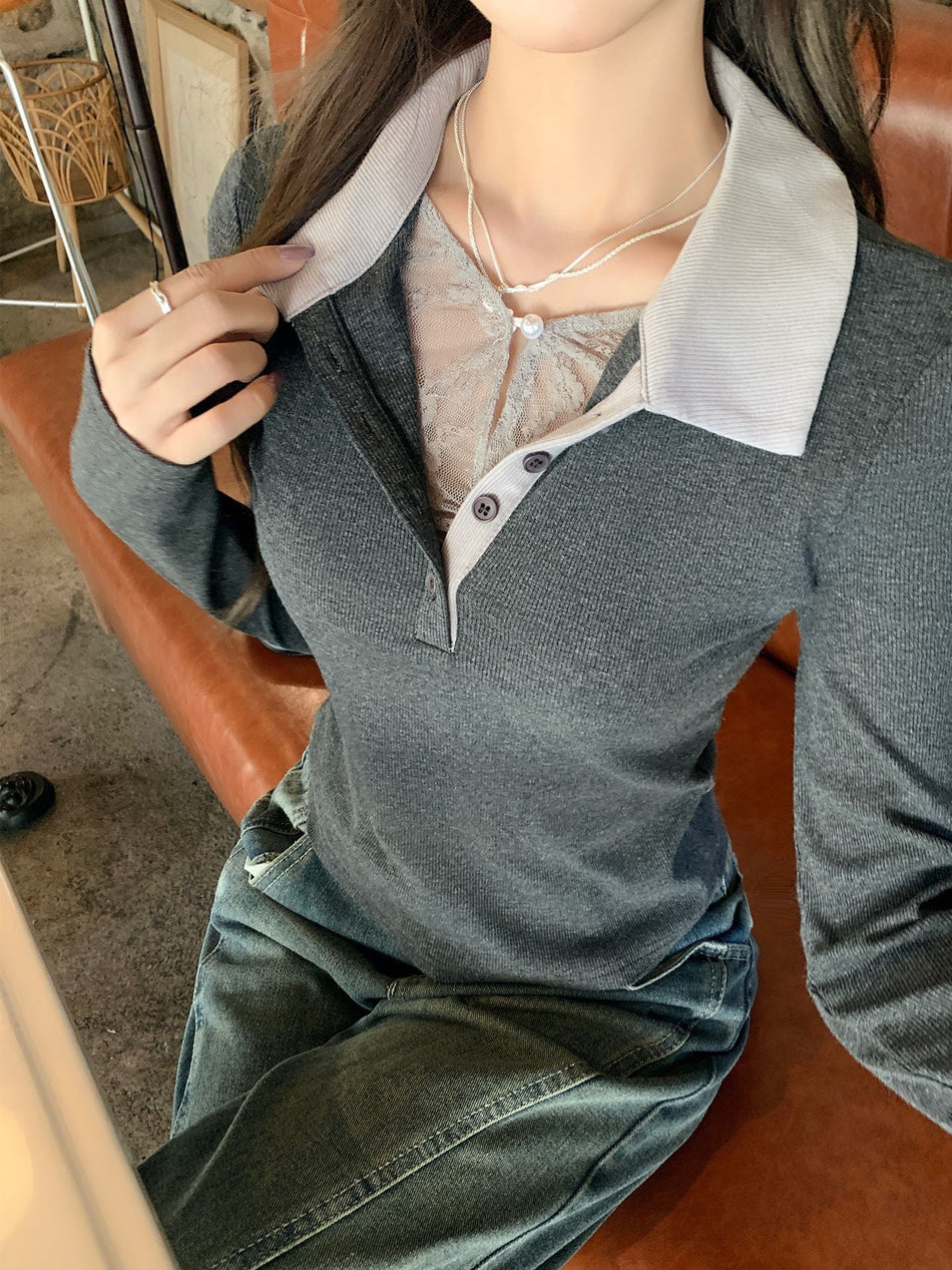 Dark Gray Polo Collar Slim Colorblock Top Women