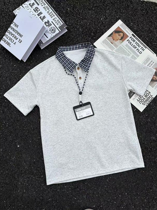 Plaid Stitch Fake Two-Piece Polo Summer T-Shirt