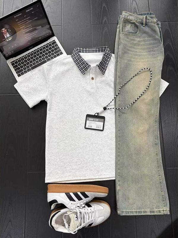 Plaid Stitch Fake Two-Piece Polo Summer T-Shirt