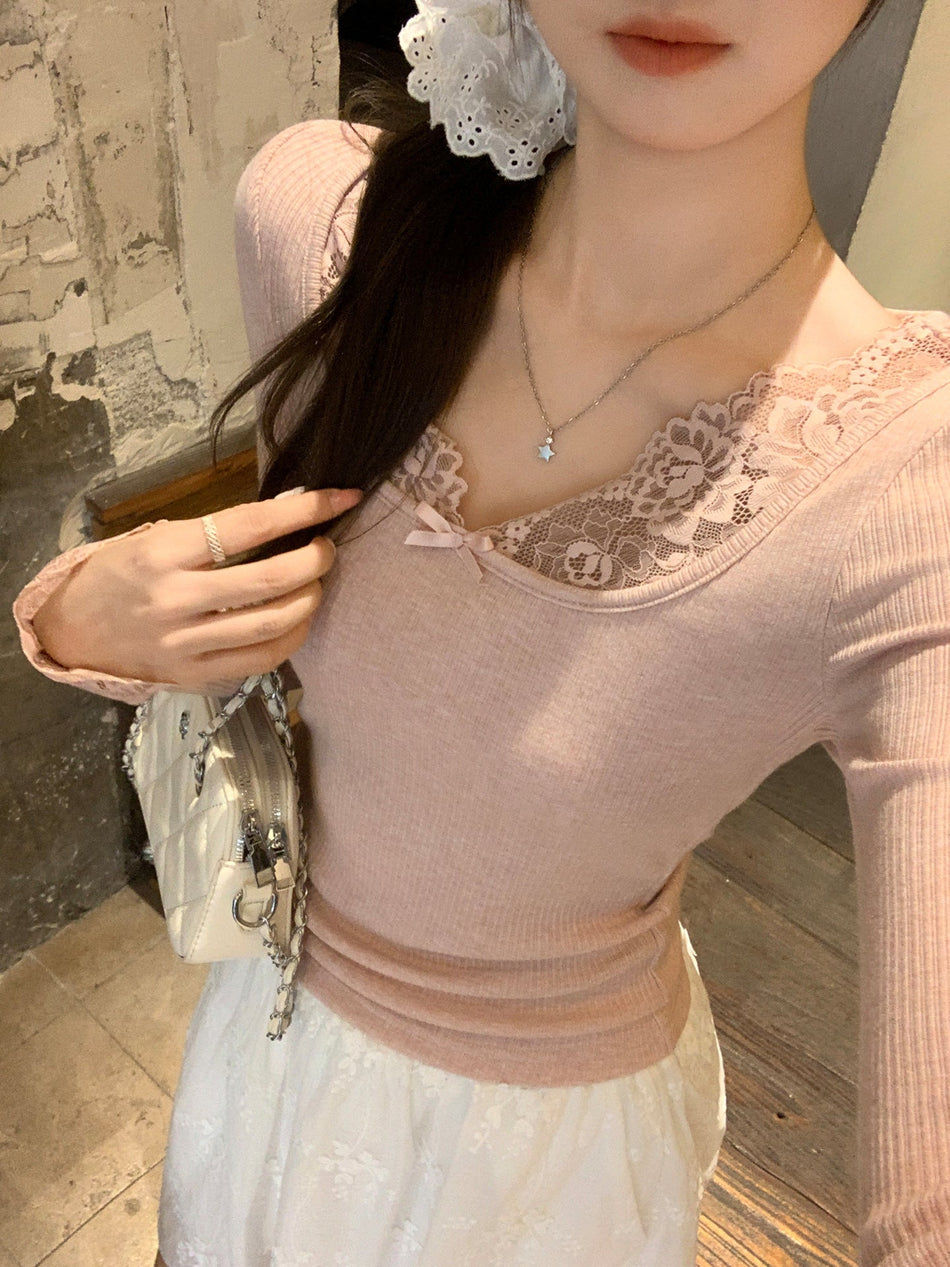 Pink Lace U-Neck Bow Slim Knit Top Women Autumn