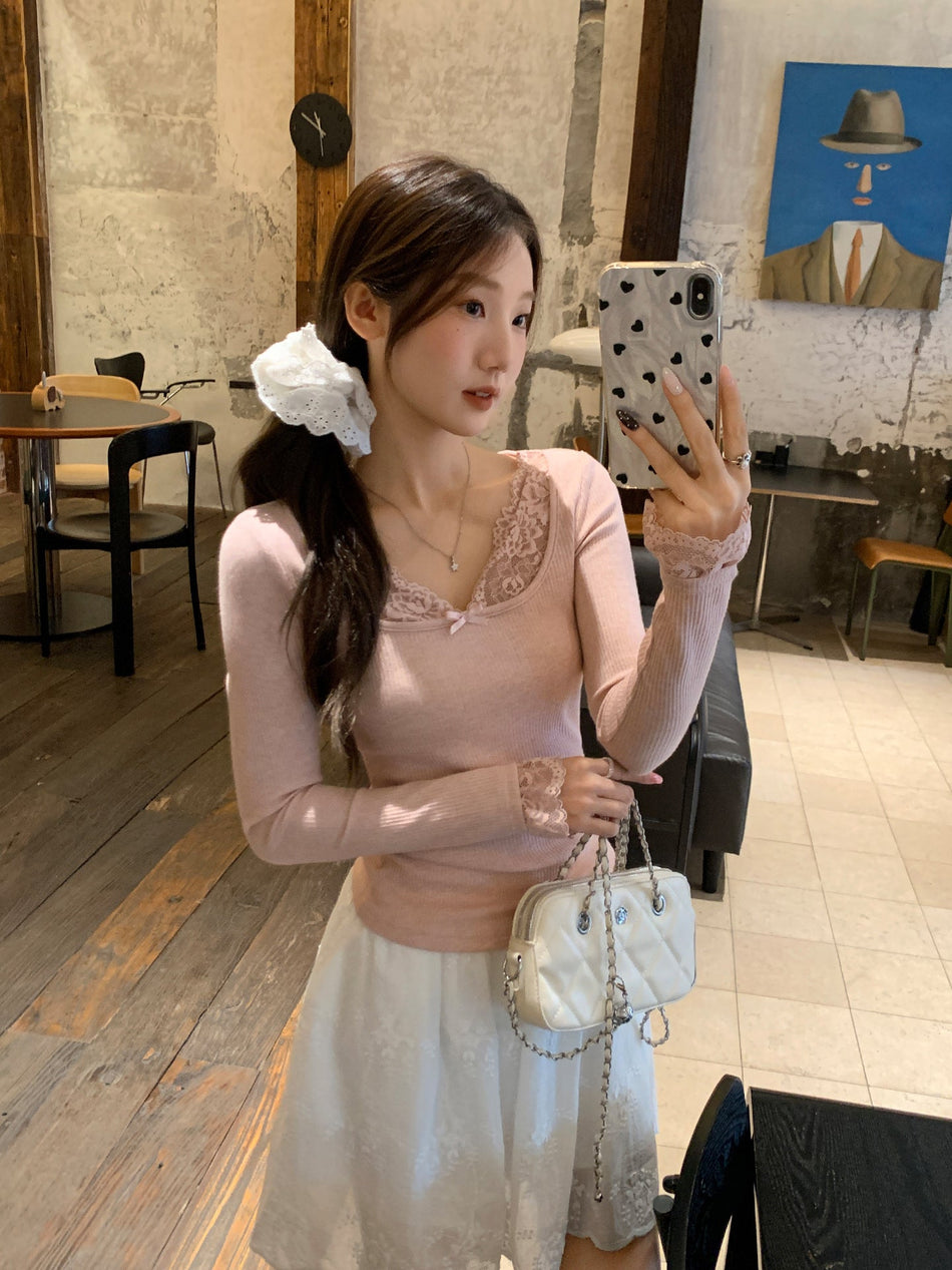 Pink Lace U-Neck Bow Slim Knit Top Women Autumn