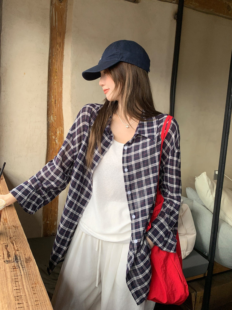 Retro Plaid Loose Long Sleeve Shirt Women Autumn