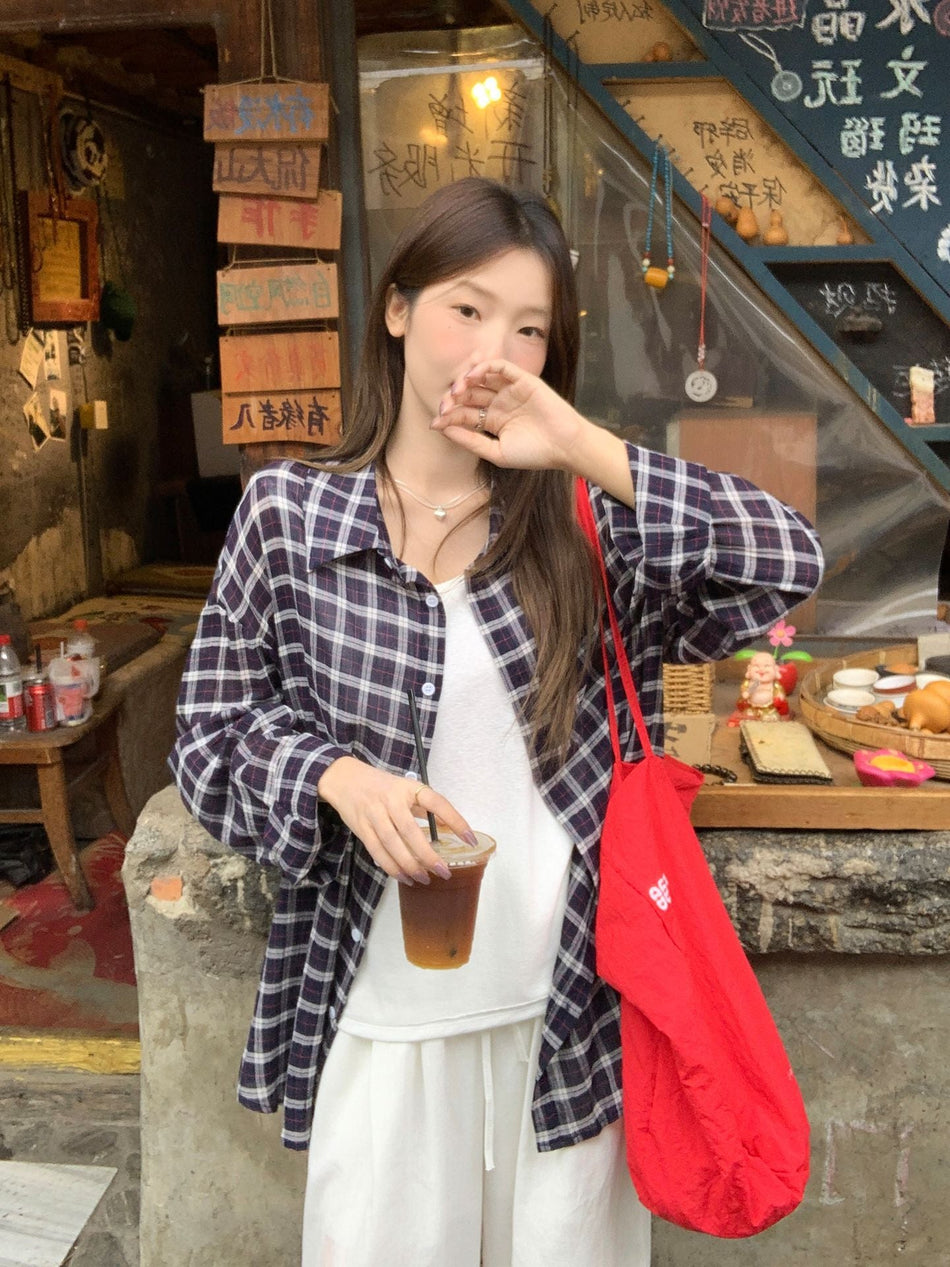 Retro Plaid Loose Long Sleeve Shirt Women Autumn