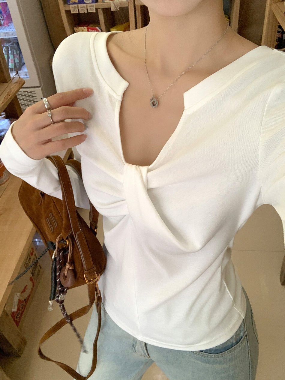 White V-Neck Knot Ruched Slim Top Women Autumn