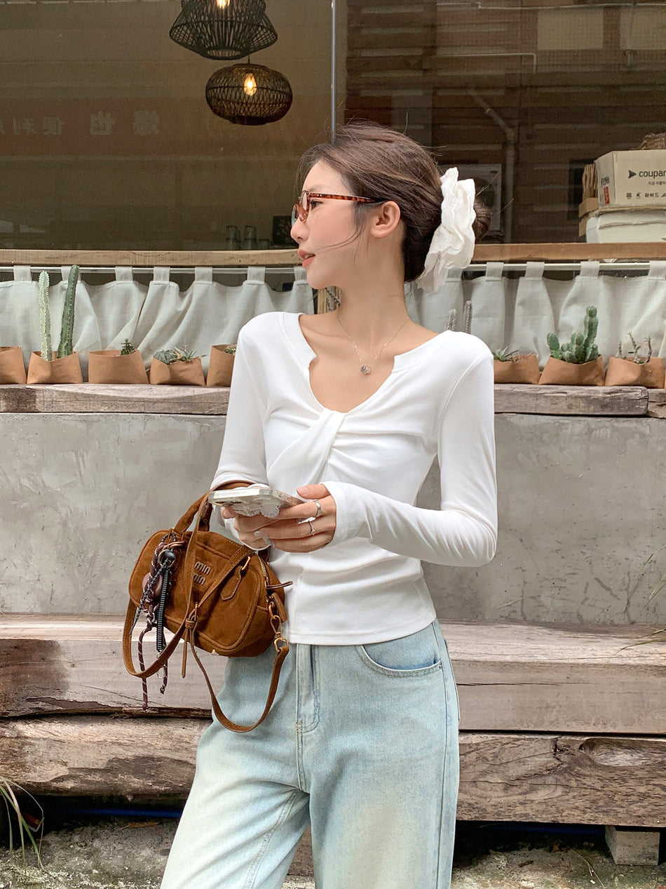 White V-Neck Knot Ruched Slim Top Women Autumn