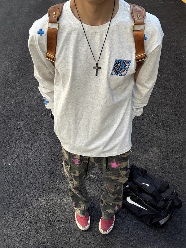 Embroidered Loose Fit Long Sleeve Casual T-Shirt