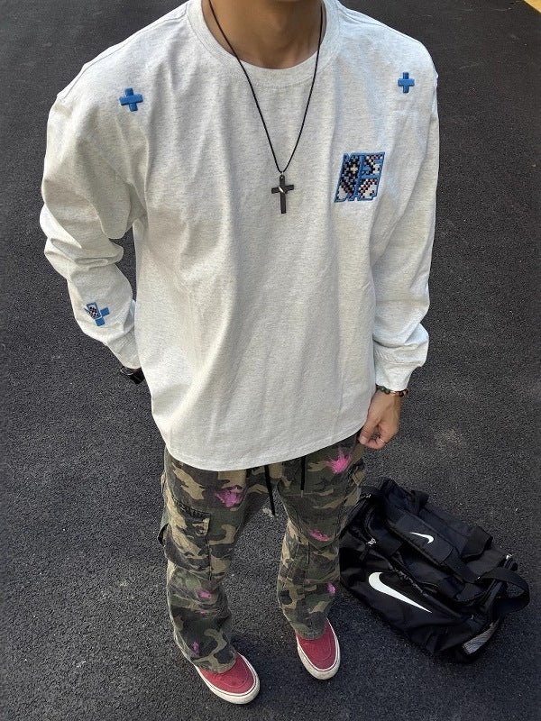 Embroidered Loose Fit Long Sleeve Casual T-Shirt
