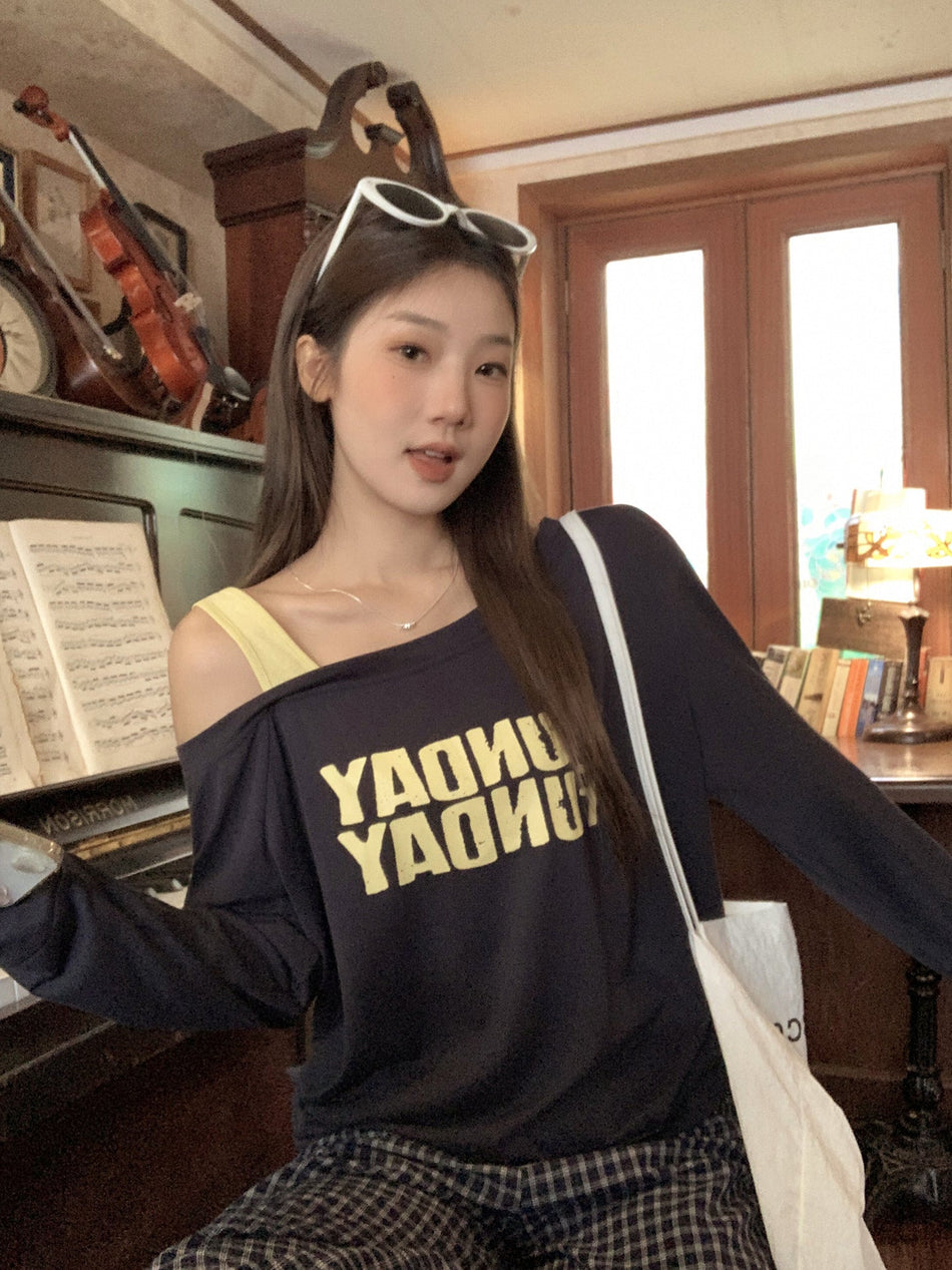 Off-Shoulder Patchwork Letter Print Top Women