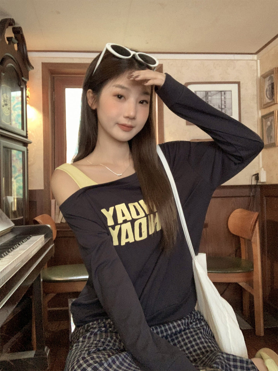 Off-Shoulder Patchwork Letter Print Top Women