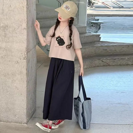 Girls Korean Summer Suit 2025 – Cute Meow Two-Piece – Summer Kids Fashion Nepal | Tudoholic