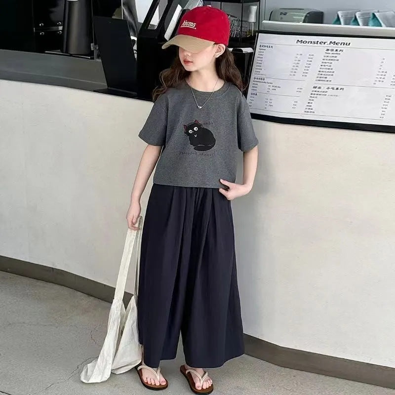 Girls Korean Summer Suit 2025 – Cute Meow Two-Piece – Summer Kids Fashion Nepal | Tudoholic