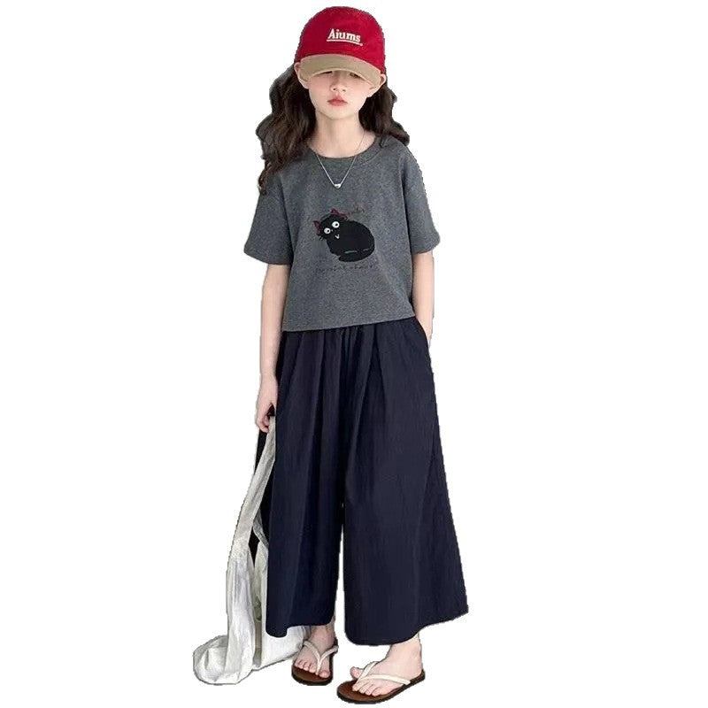 Girls Korean Summer Suit 2025 – Cute Meow Two-Piece – Summer Kids Fashion Nepal | Tudoholic