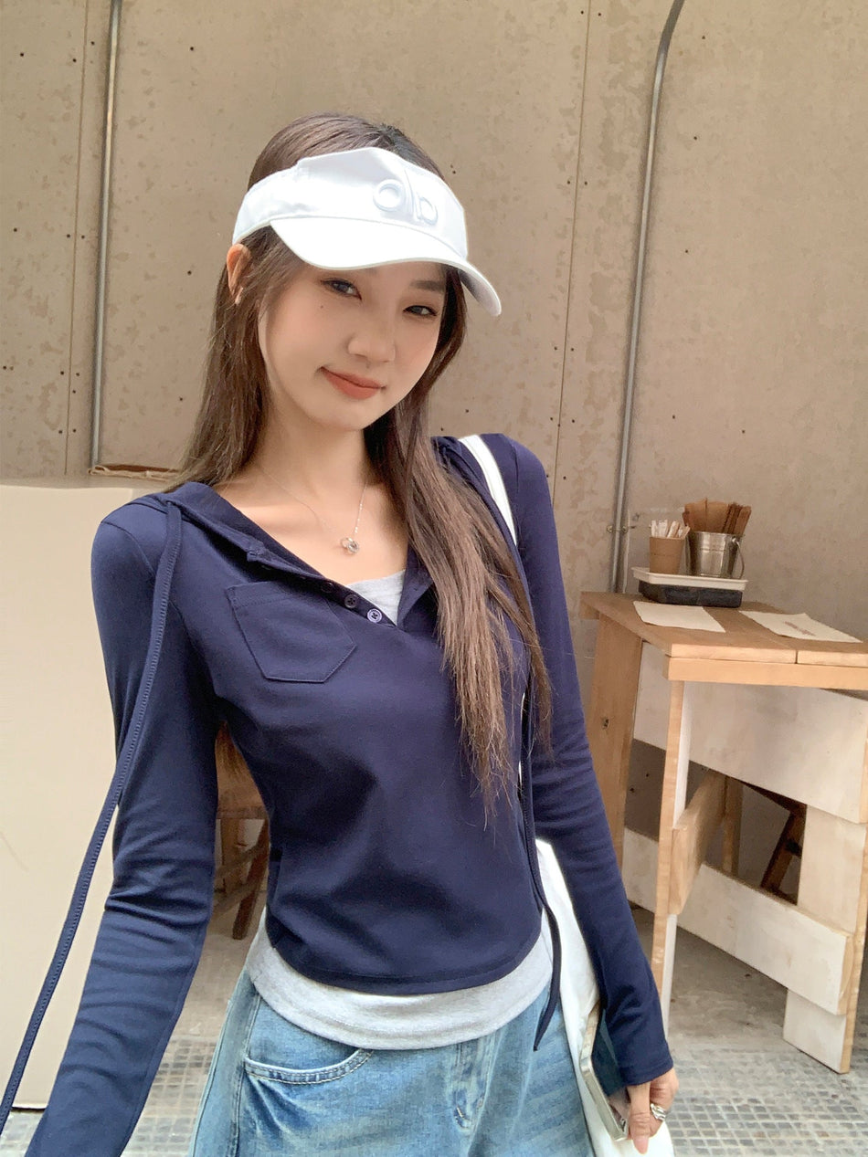Hooded Button Pocket Slim Long Sleeve Top Women