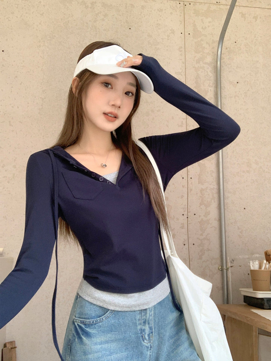Hooded Button Pocket Slim Long Sleeve Top Women