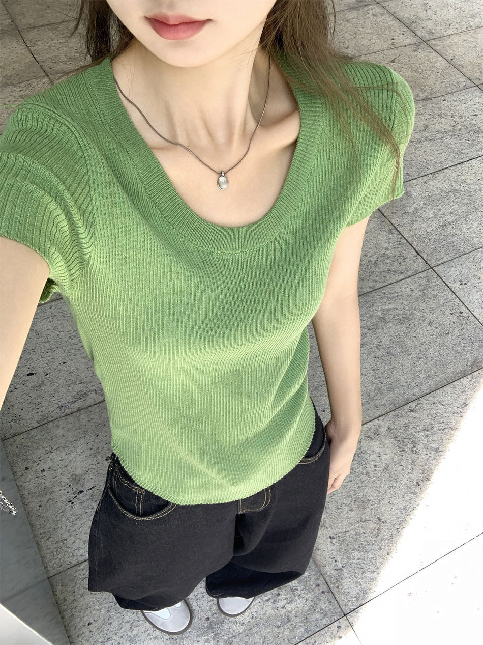 Green Plant Ribbed Slim Knit Top Women Summer