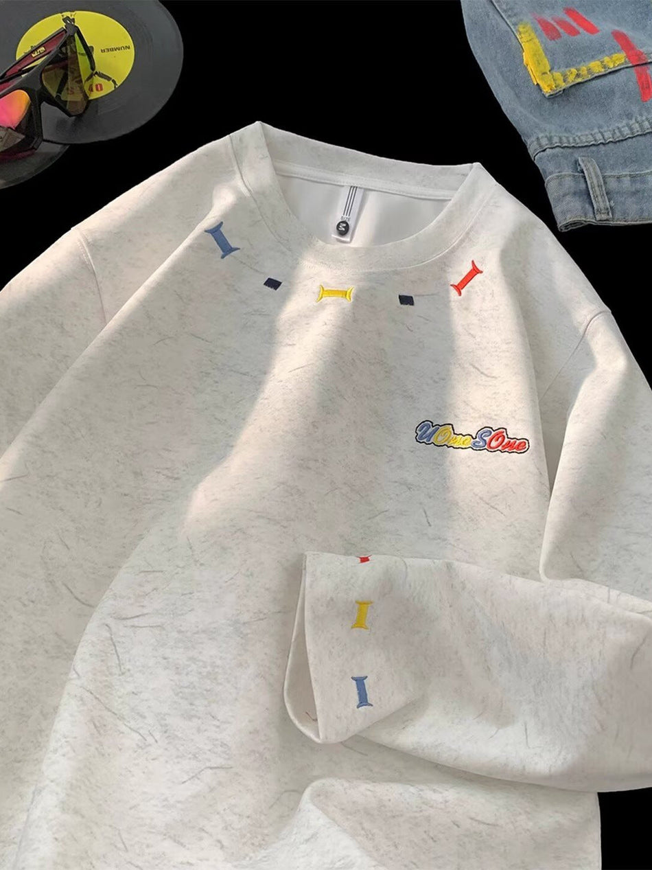 Heavy Embroidered Loose Long Sleeve Casual T-Shirt