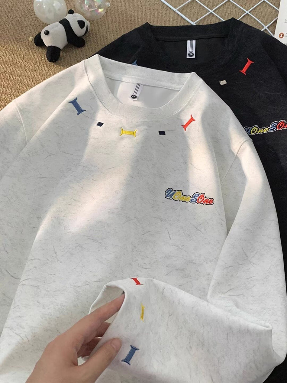 Heavy Embroidered Loose Long Sleeve Casual T-Shirt