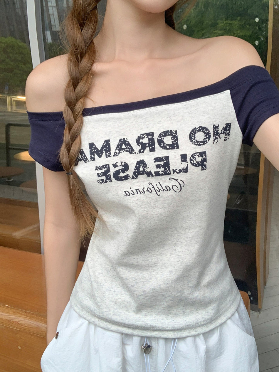Off-Shoulder Letter Print Slim T-Shirt Women Summer