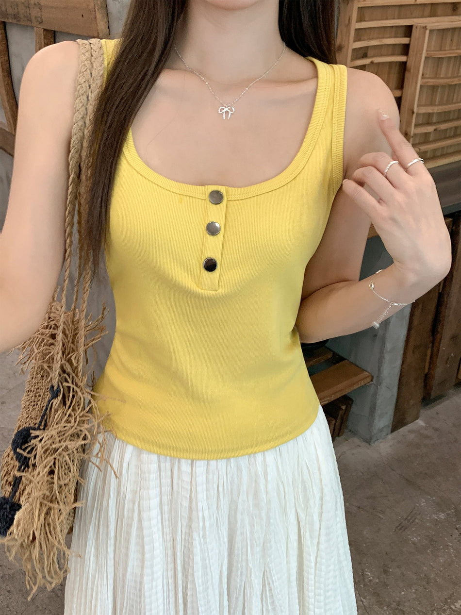 U-Neck Button Camisole Slim Sleeveless Top Women