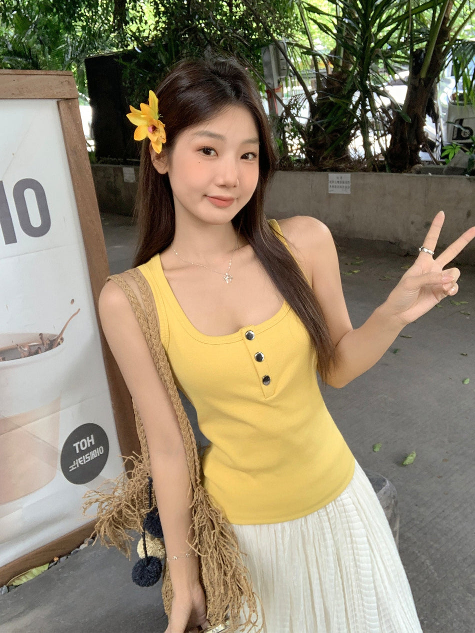 U-Neck Button Camisole Slim Sleeveless Top Women