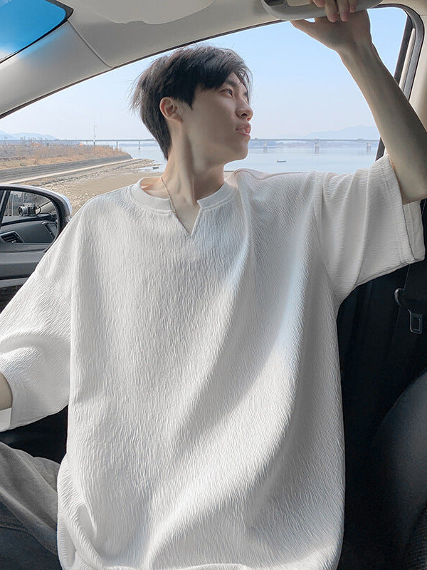 Textured V-Neck Summer Pullover T-Shirt