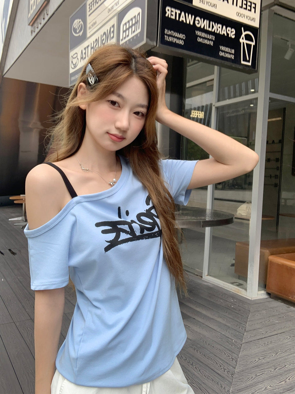 Blue Letter Print Off-Shoulder T-Shirt Women