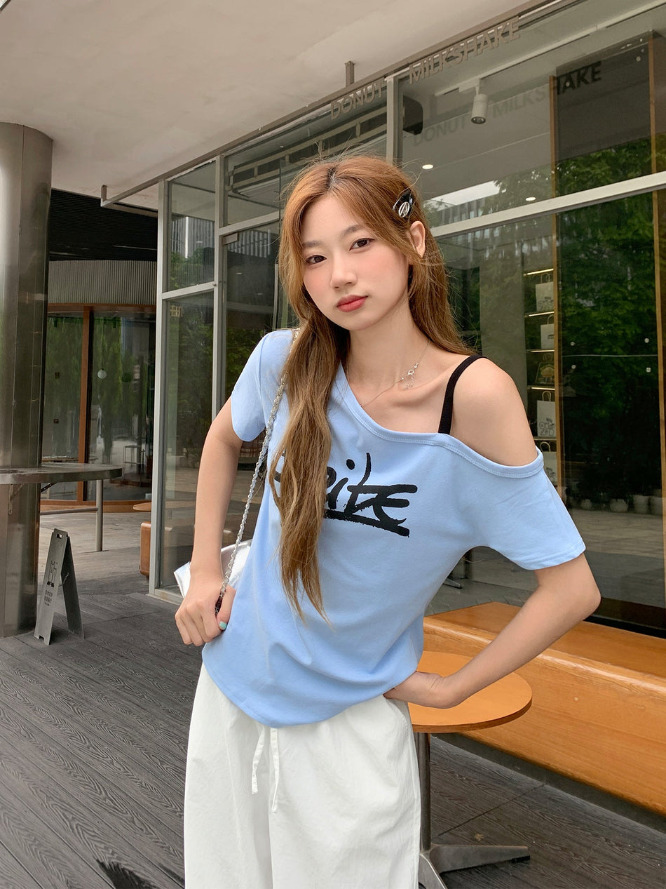Blue Letter Print Off-Shoulder T-Shirt Women