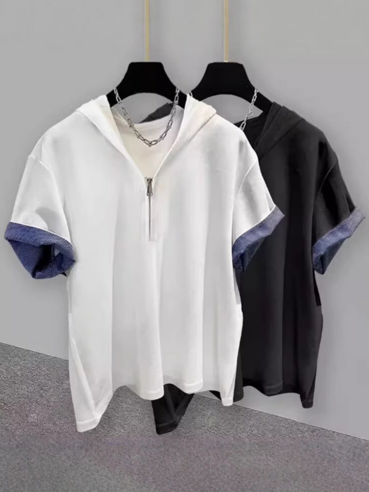 STOCK-Half-Zip Hooded Stitching Summer T-Shirt
